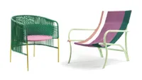 A colourful rattan chair and striped deckchair in green and purple