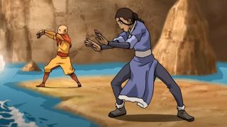 Aang and Katara practicing their waterbending.