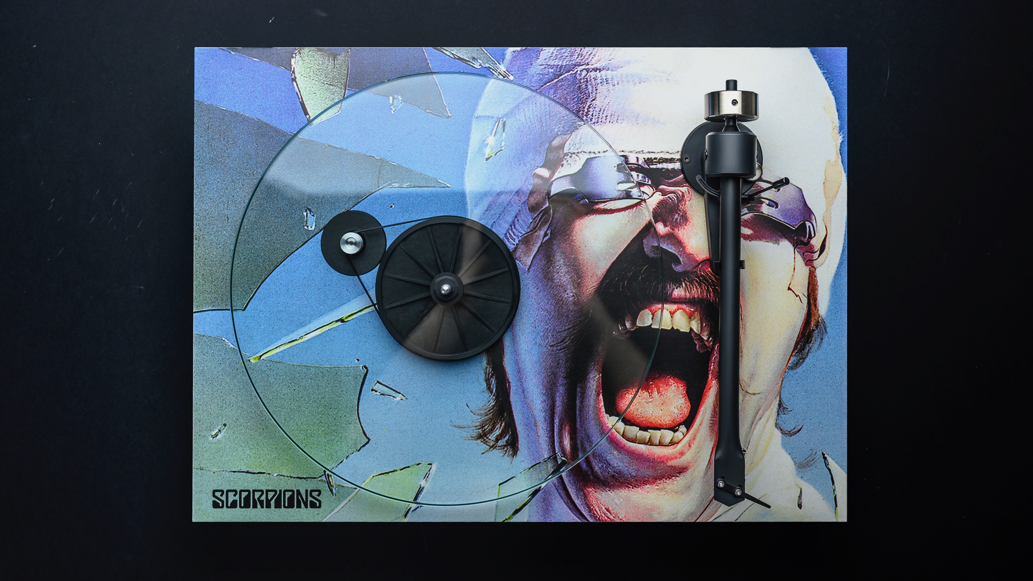 The Pro-Ject Scorpions Turntable, featuring album art from the band's 1982 album Blackout.
