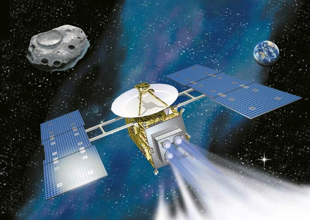 Japan’s Hayabusa spacecraft is propelled by an ion-engine. The spacecraft was designed to meet with the Itokawa asteroid, collect samples and return to Earth.