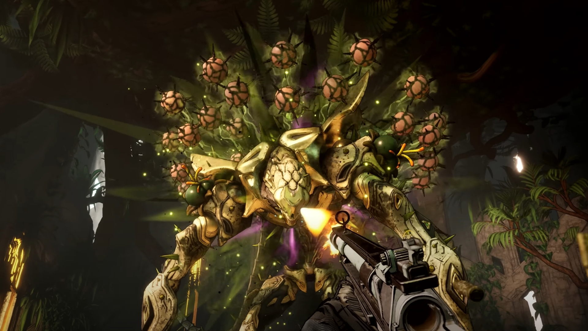 Still from the video game Borderlands 4. You, the player, are firing a gun at a giant golden mech/cyborg that is surrounded by toxic-looking planet spores.