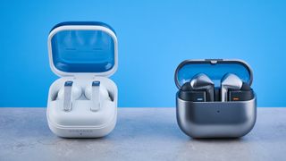 the samsung galaxy buds 3 pro photographed against the blue tom's guide background