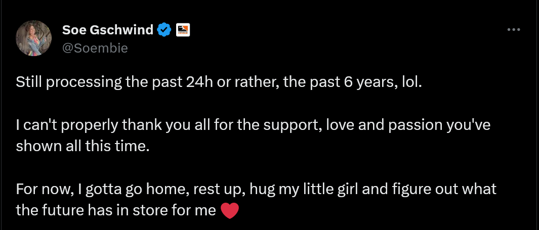 Still processing the past 24h or rather, the past 6 years, lol. I can't properly thank you all for the support, love and passion you've shown all this time. For now, I gotta go home, rest up, hug my little girl and figure out what the future has in store for me ❤️