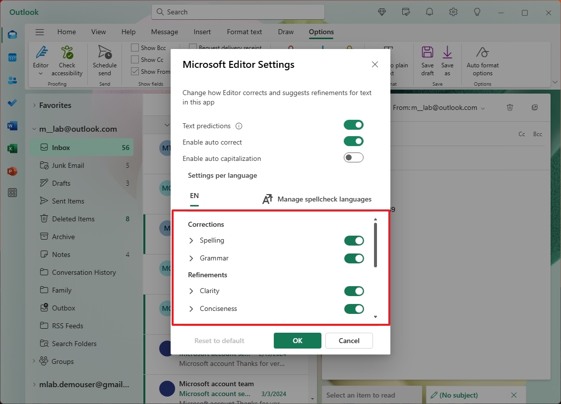 Outlook corrections and refinements