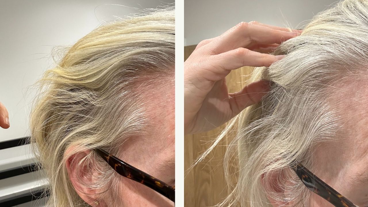 Close up of side of woman's head before and after dry shampoo