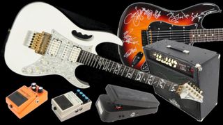 Dunlop Crybaby 95Q and Fender Stratocaster signed by Steve Vai, Tosin Abasi, Nuno Bettencourt, Yngwie Malmsteen and Zakk Wylde.