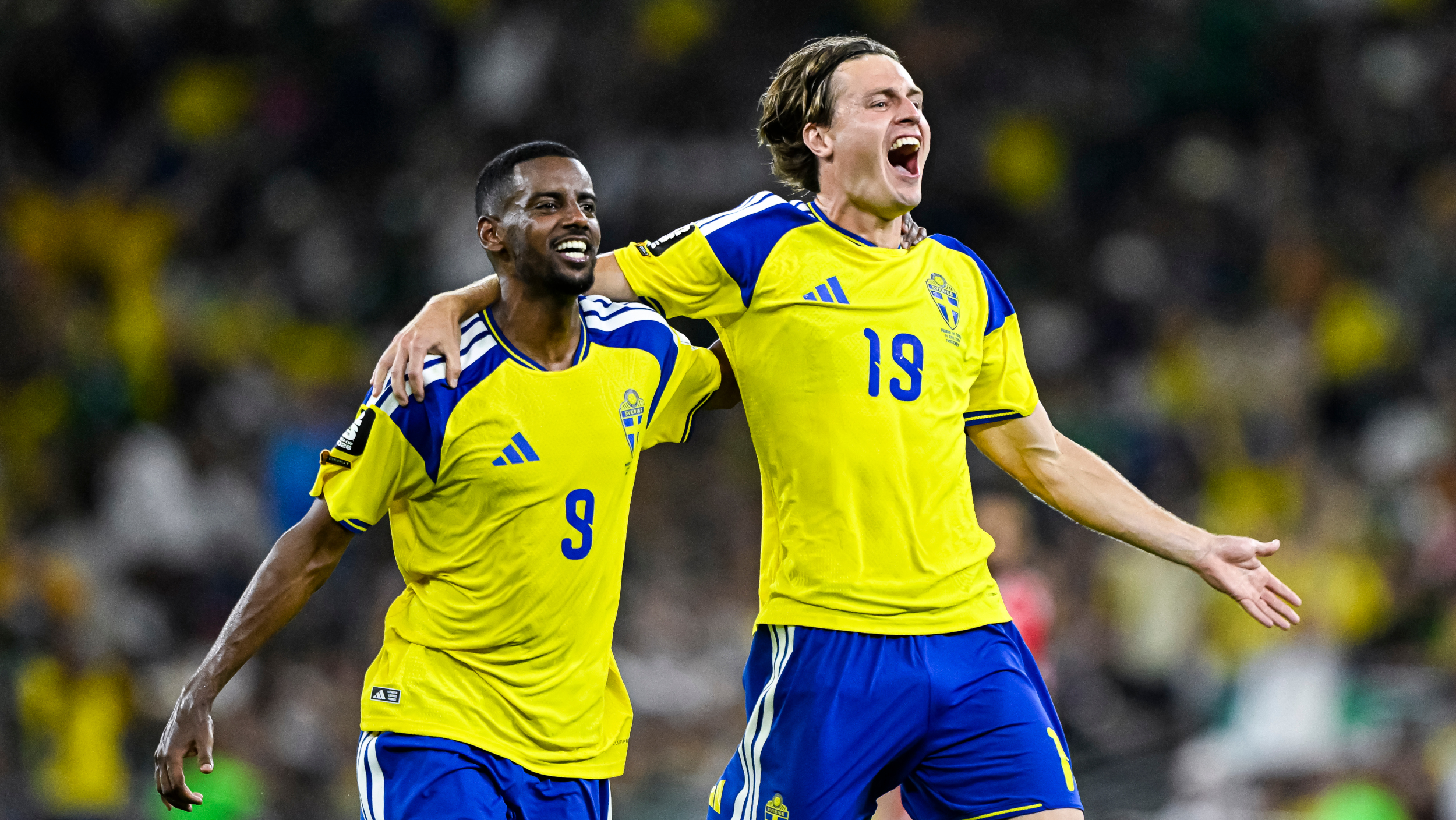 Alexander Isak and Mattias Svanberg celebrate Sweden's win vs Tunisia at the World Cup 2026