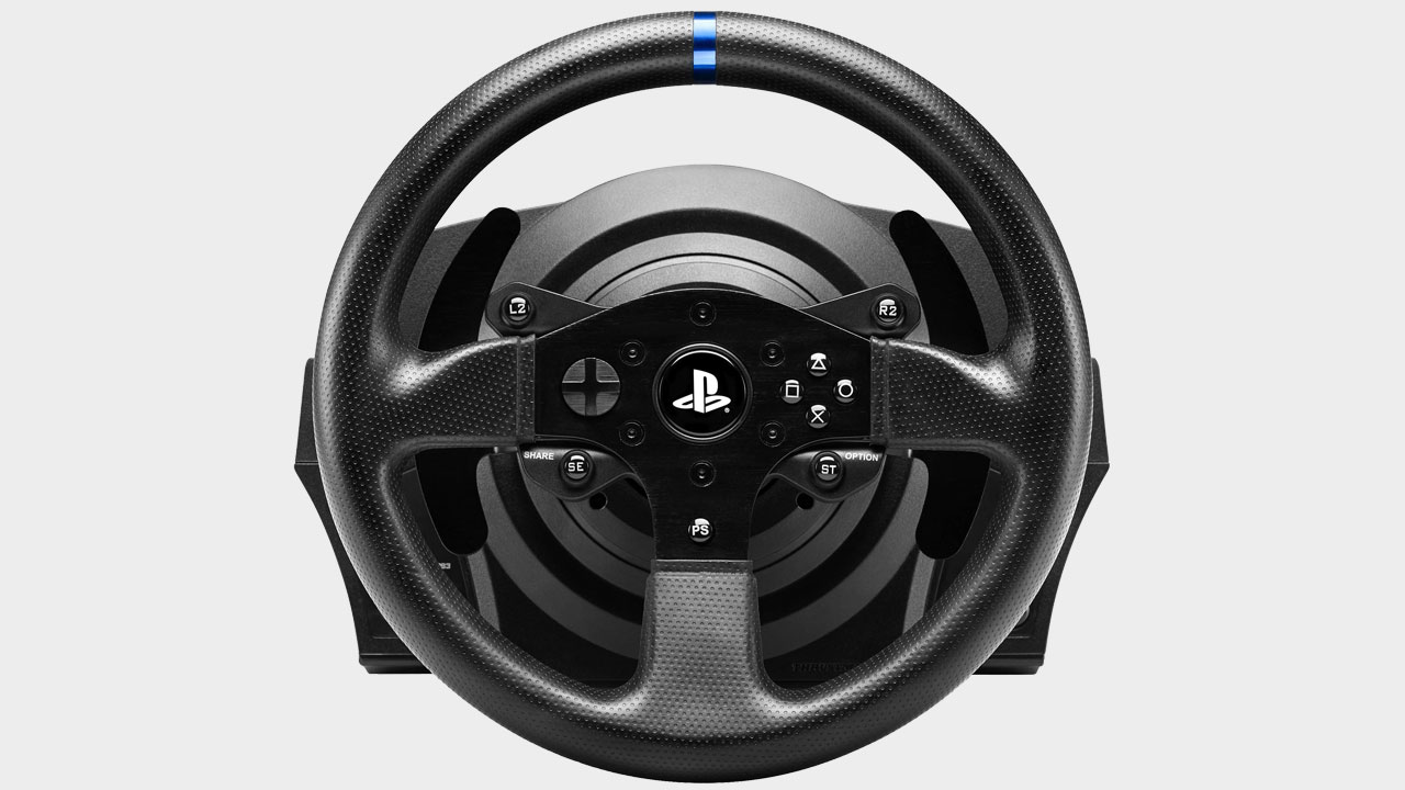 A picture of a Thrustmaster racing wheel straight on and on a grey background