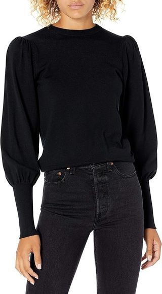 The Drop, The Drop Women's Vivienne Pleated Shoulder Balloon-Sleeve Crewneck Sweater, Black, Xxs