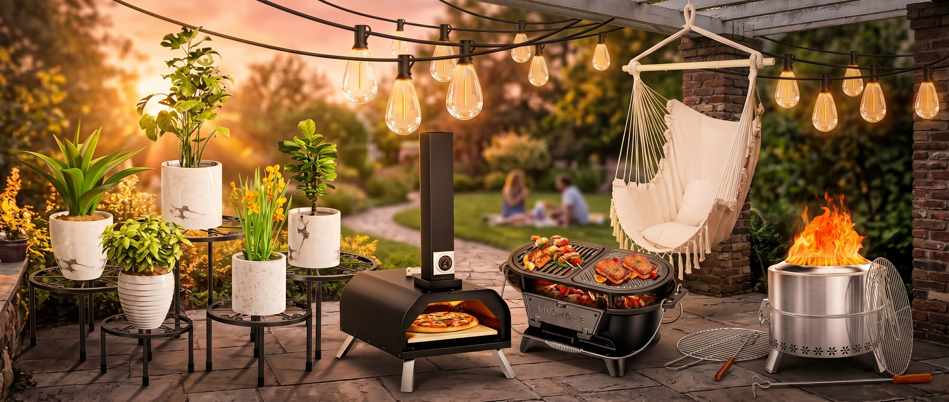 Yard scene at golden hour, with a selection of Walmart products in the foreground