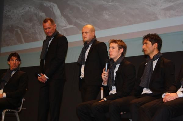 Andy Schleck answers questions as Cancellara and Bennati look on