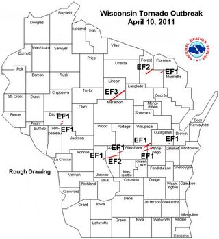 Map of Wisconsin's confirmed tornadoes from the April 10 outbreak.