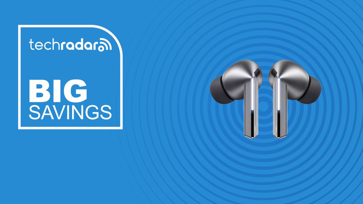 The Samsung Galaxy Buds 3 on a blue background with text saying Big Savings next to it.