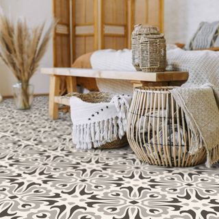 Bedroom with grey vinyl floor tiles