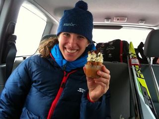 Lea Davison happy to indulge in a maple bacon cupcake post-ski trip