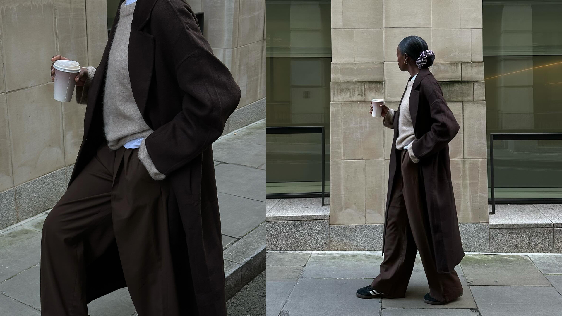 model wears sweater, coat, trousers, and sneakers