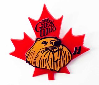 The Guess Who button badge shaped like a maple leaf