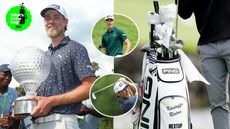 Kristoffer Reitan holds the Nedbank Golf Challenge trophy, his golf bag close up