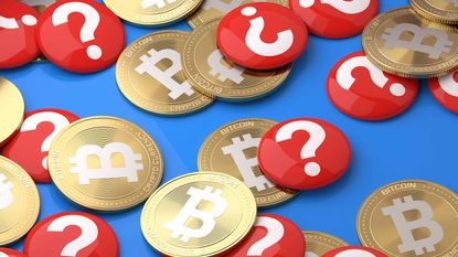 Bitcoins and red coins with white question marks on them scattered around.