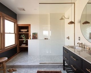 Large bathroom with walk in shower and wood fittings