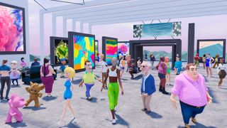 A screenshot of a virtual reality setting where cartoon people walk around a museum of virtual images