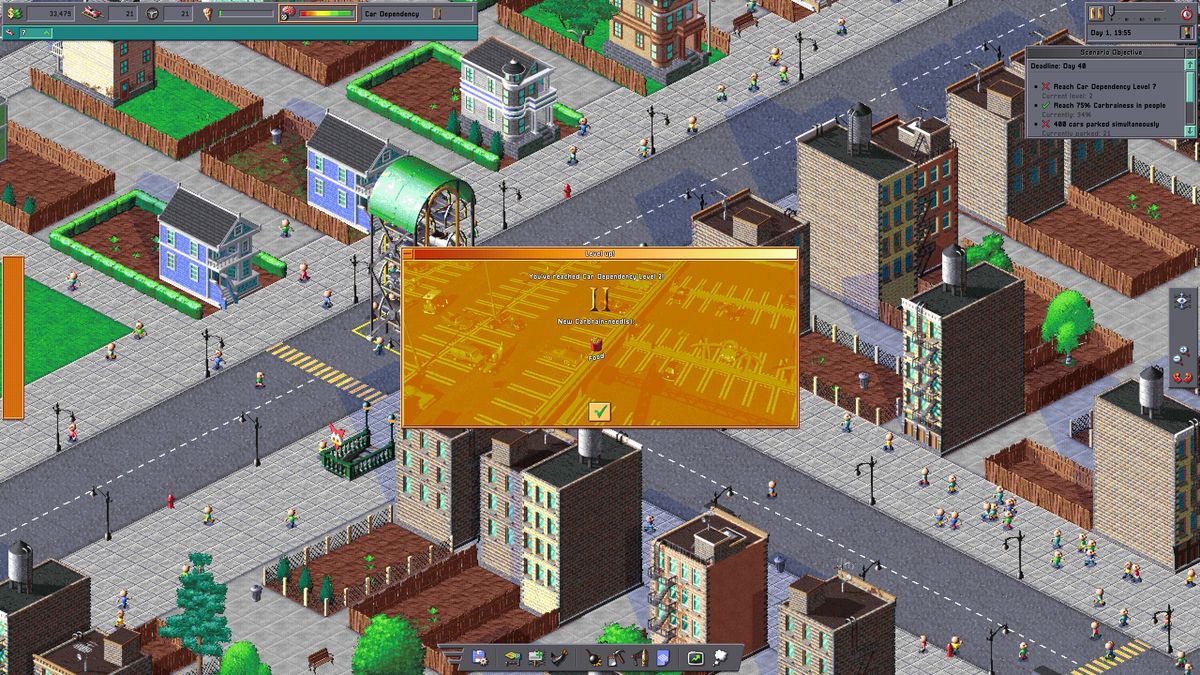 Pop-up declaring that car dependency has increased to level 2.