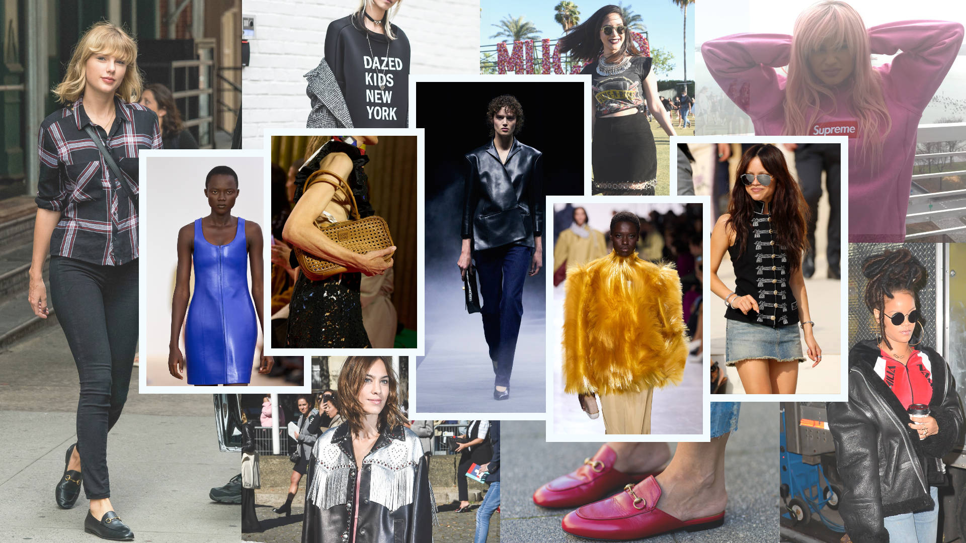 a collage of 2016 fashion revival in 2026 fashion trends, featuring Taylor Swift, Rihanna, Supreme bag, Coachella guest, Kylie Jenner, Alexa Chung, Loewe, Miu Miu, and Bottega Spring 2026, and Jenna Ortega