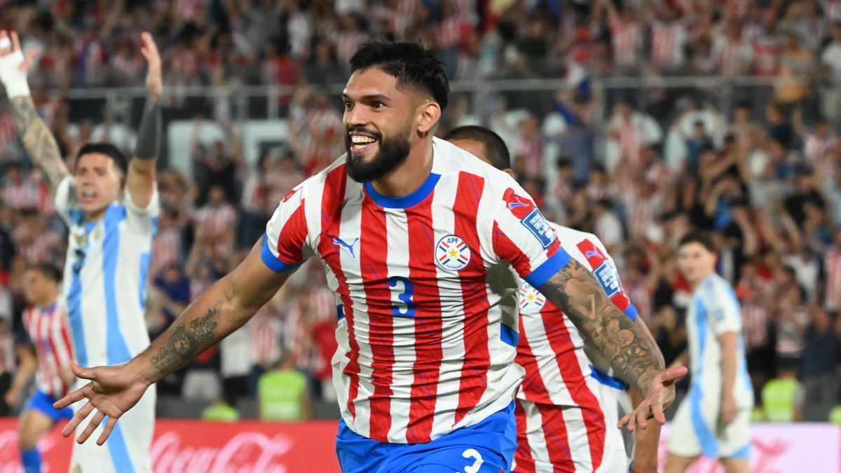 Paraguay&#039;s defender #03 Omar Alderete celebrates after scoring during ahead of the Bolivia vs Paraguay live stream in the 2026 FIFA World Cup South American qualifiers football.