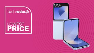 Samsung Galaxy Z Flip 6 on a pink background - text reads: Lowest Price