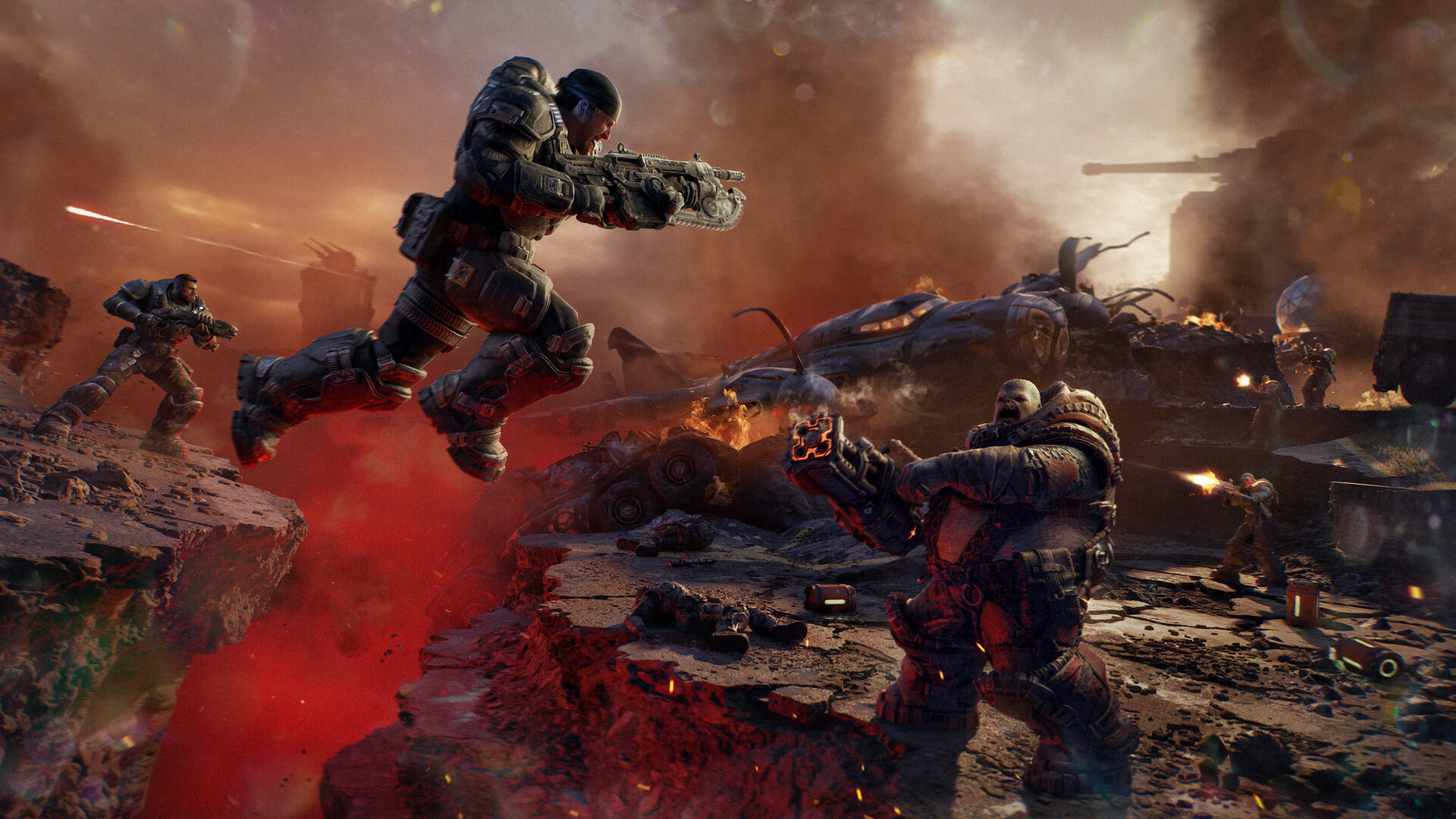 A dramatic battle scene depicts armored soldiers in combat on a fiery, war-torn landscape. One soldier leaps mid-air with a weapon, evoking intense action.