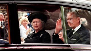 The Queen and Prince Philip arrive at Diana’s funeral on 5 September 1997