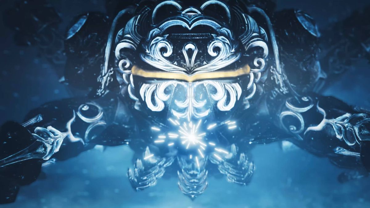 A close-up of the Monster Hunter Wilds version of Omega (a Final Fantasy XIV raid boss)