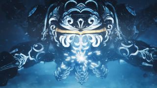 A close-up of the Monster Hunter Wilds version of Omega (a Final Fantasy XIV raid boss)