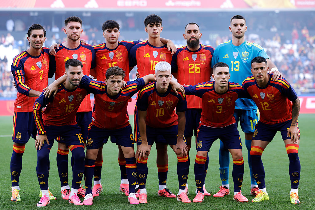 L-R) Standing: Ferran Torres, Aymeric Laporte, Jon Martin, Marc Bernal, Borja Iglesias, Joan Garcia. Below: Alex Baena, Gavi, Dani Olmo, Alejandro Grimaldo, Pedro Porro