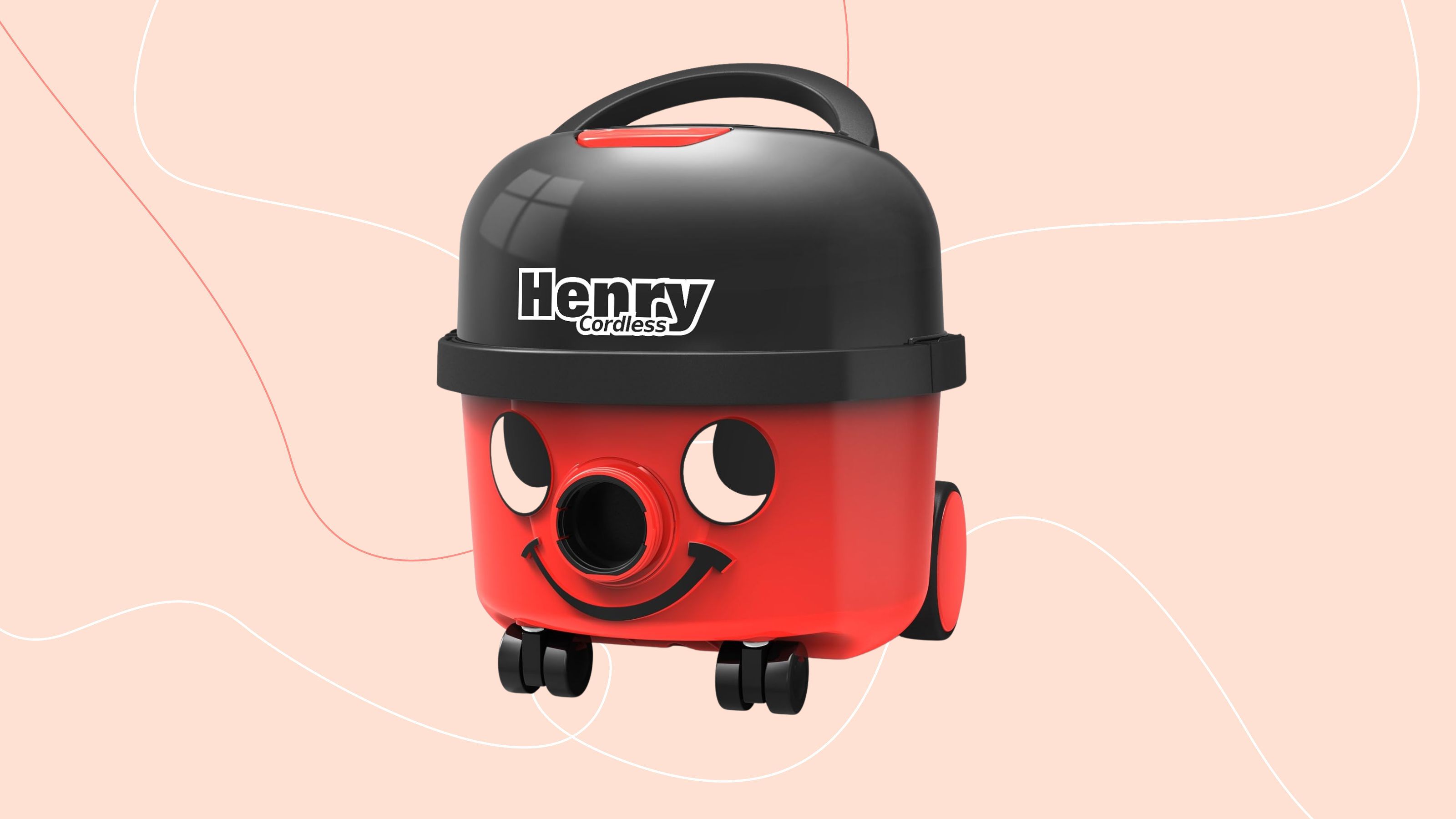 Henry HVB160 Cordless Cylinder Vacuum Cleaner on a pink background