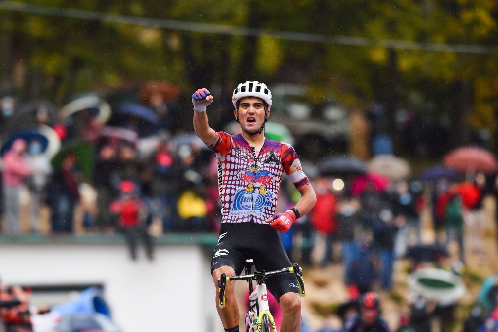 Team Education First rider Portugals Ruben Guerreiro celebrates as he crosses the line and wins the 9th stage of the Giro dItalia 2020 cycling race a 208kilometer route between San Salvo and Roccaraso on October 11 2020 Photo by Dario BELINGHERI AFP Photo by DARIO BELINGHERIAFP via Getty Images