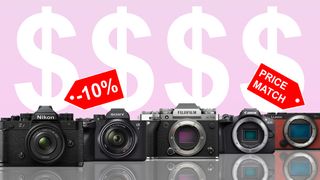 Nikon Zf, Sony A7 IV, Fujifilm X-T5, Canon EOS R100 and Panasonic Lumix S9 on a pink background with large dollar signs behind 