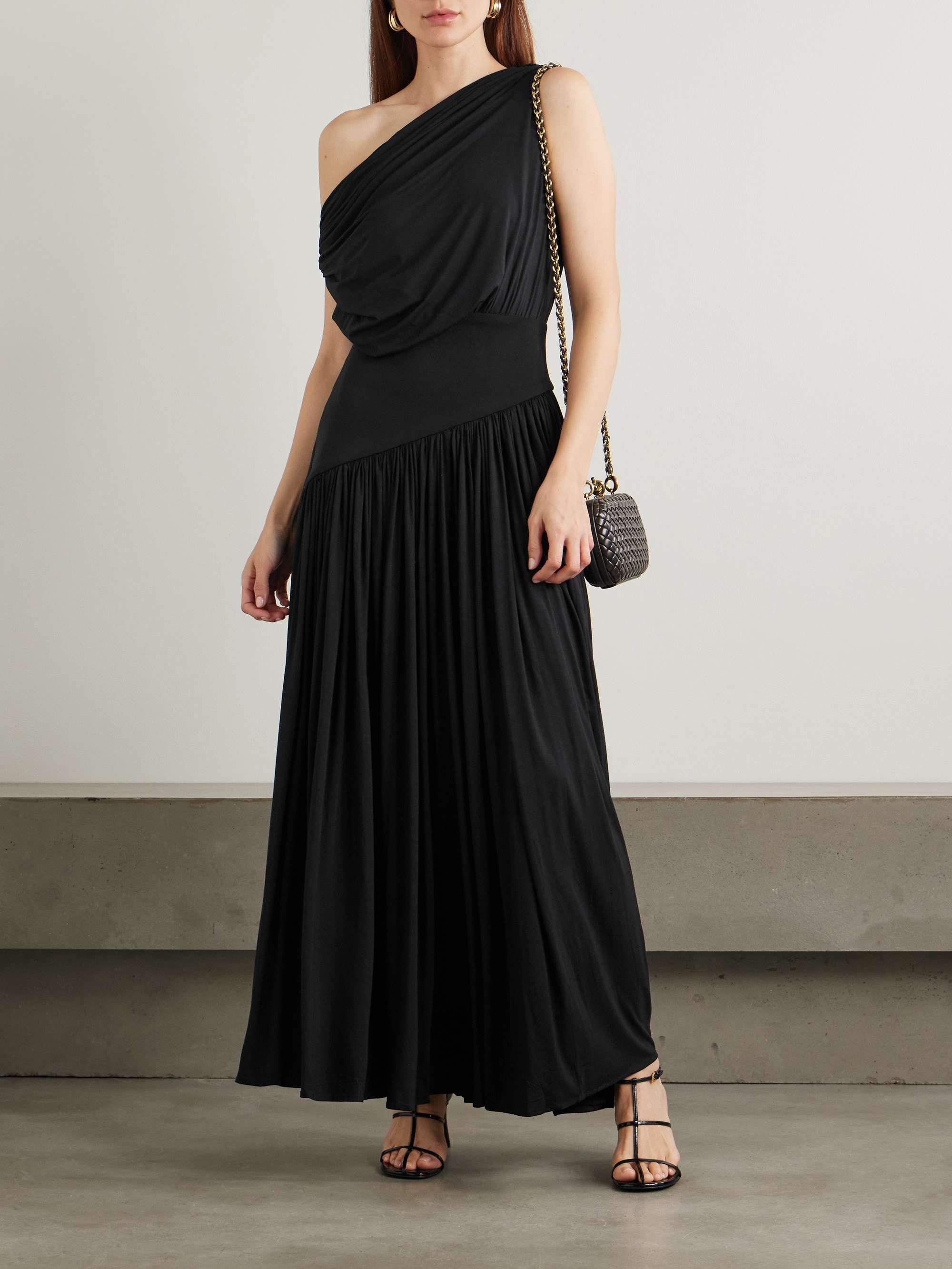 One-Shoulder Asymmetric Draped Jersey-Trimmed Stretch-Bamboo Maxi Dress