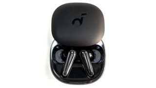 Overhead view of Anker Soundcore Liberty 4 earbuds in case.