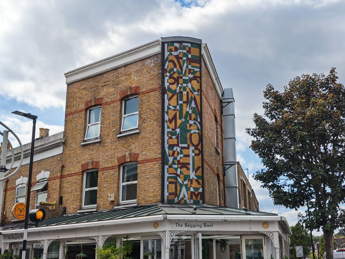 A building with mosaic decal