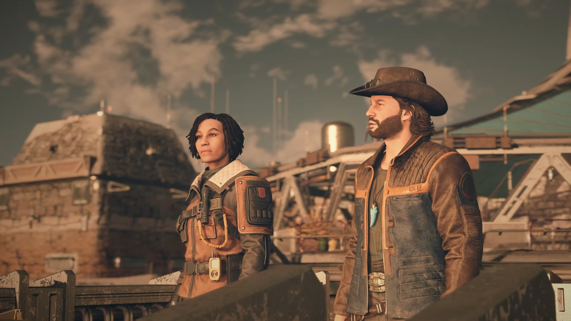 A romance scene between the player character and Sam Coe, a space cowboy, in Starfield.