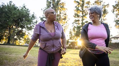 Walking exercise routine: Image shows two women walking in park