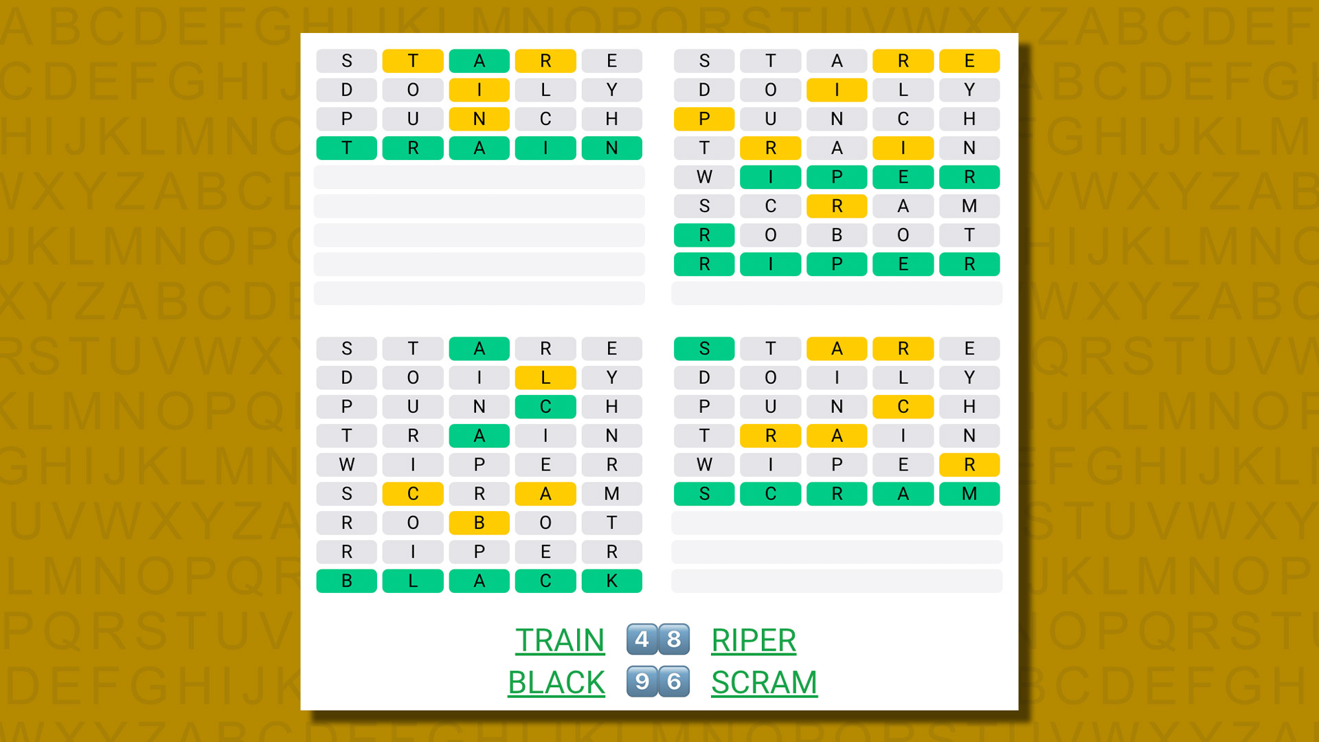 Quordle answers for game 594 on a yellow background