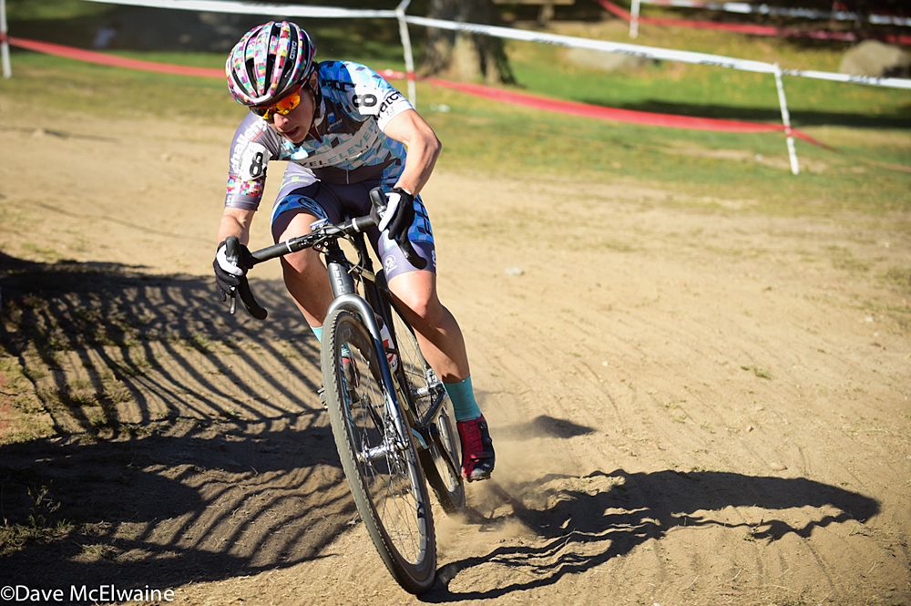 Arley Kemmerer (Level Eleven Racing) rounding a corner before a set of stairs