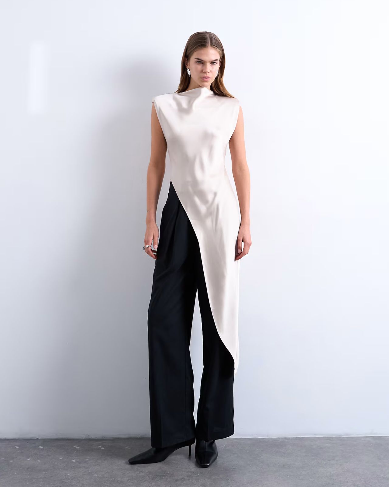 Topshop satin asymmetric hem tunic top with shoulder pads in oyster