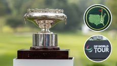 Main image of the Hong Kong Open trophy with inset images of The Masters logo (top right) and the DP World Tour logo (bottom right)