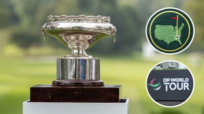 Main image of the Hong Kong Open trophy with inset images of The Masters logo (top right) and the DP World Tour logo (bottom right)