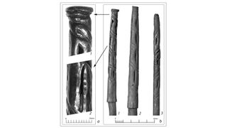 Three of eight silver perforated silver tips from the Maikop kurgan: a) enlarged images of the design and slits; b) the silver tips in their original position.