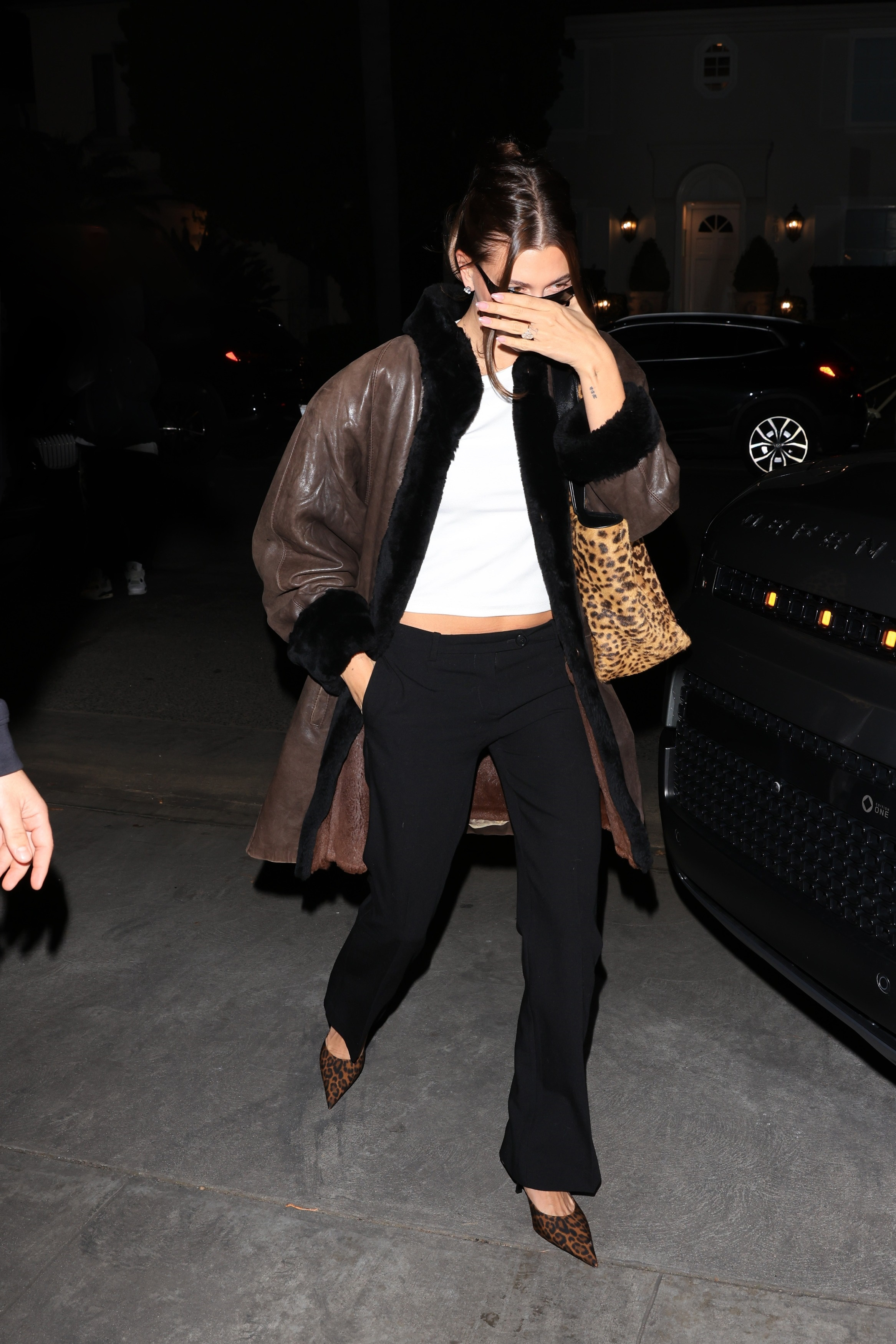 Hailey Bieber contested the tiger-print trend in a matching leopard bag and heels