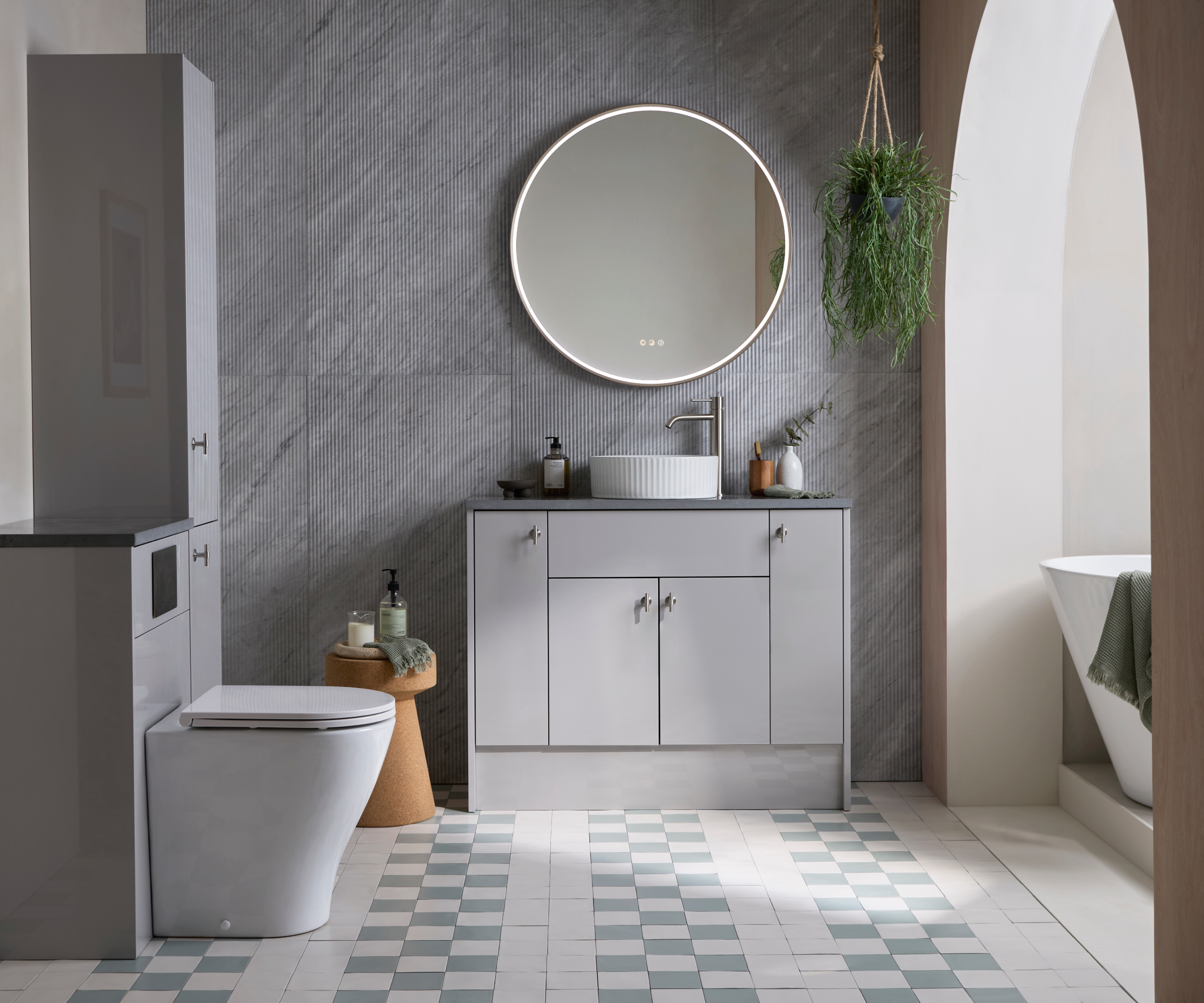 grey and white bathroom with grey bathroom furniture